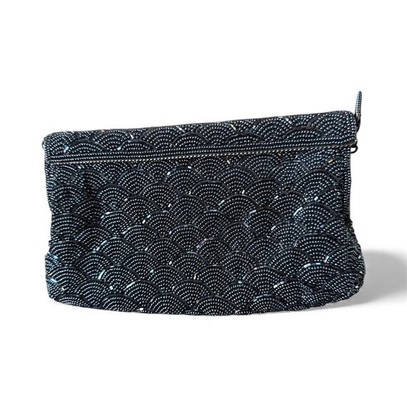 Vintage Jerome’s Black Gray Beaded Clutch Art Deco Evening Bag Formal 20" Chain - Picture 4 of 8